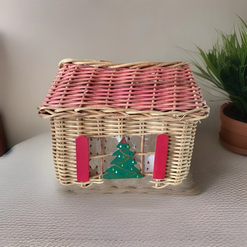 Vintage Wicker Rattan House Basket Christmas Decor